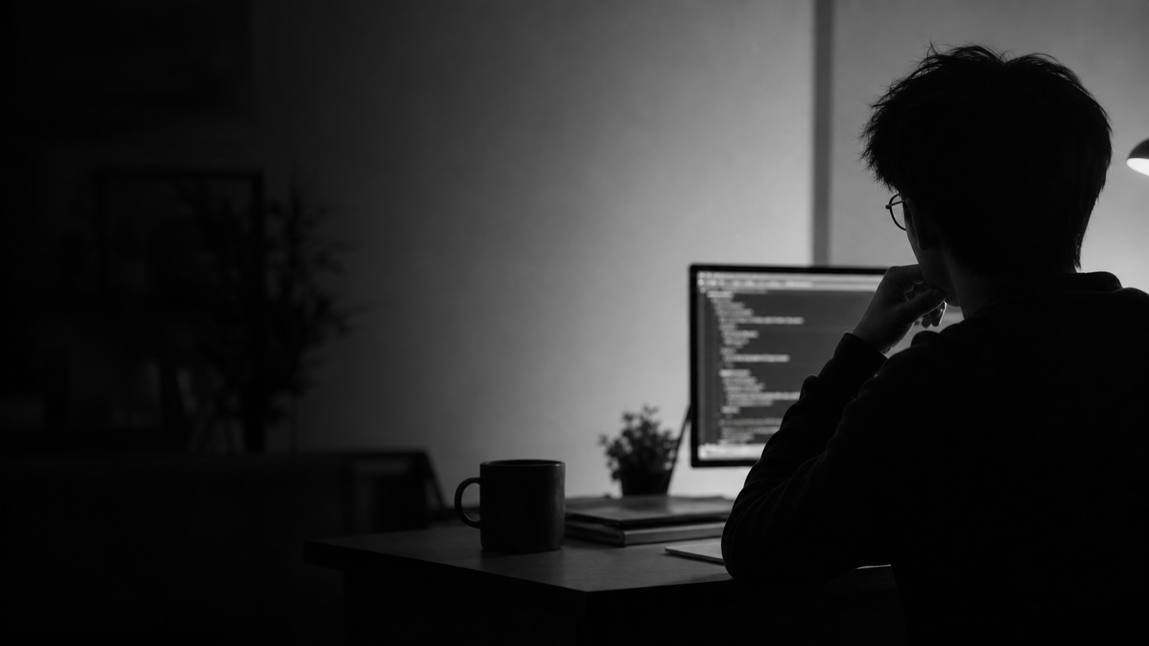 A black and white workspace scene with a person thinking in front of a code editor.