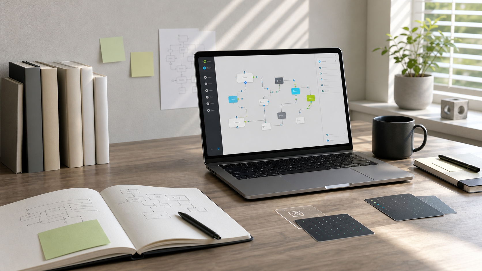 A bright desk with a laptop showing an AI workflow canvas, notebooks, cards and product planning materials.