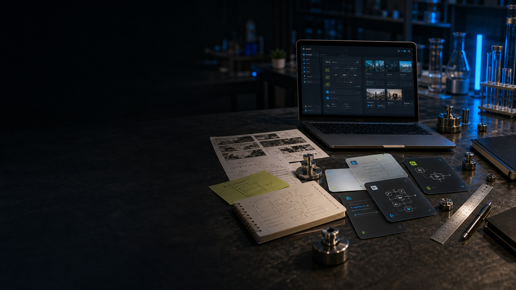 A dark AI builder lab desk with a laptop, storyboard papers, experiment cards and blue lab lights.